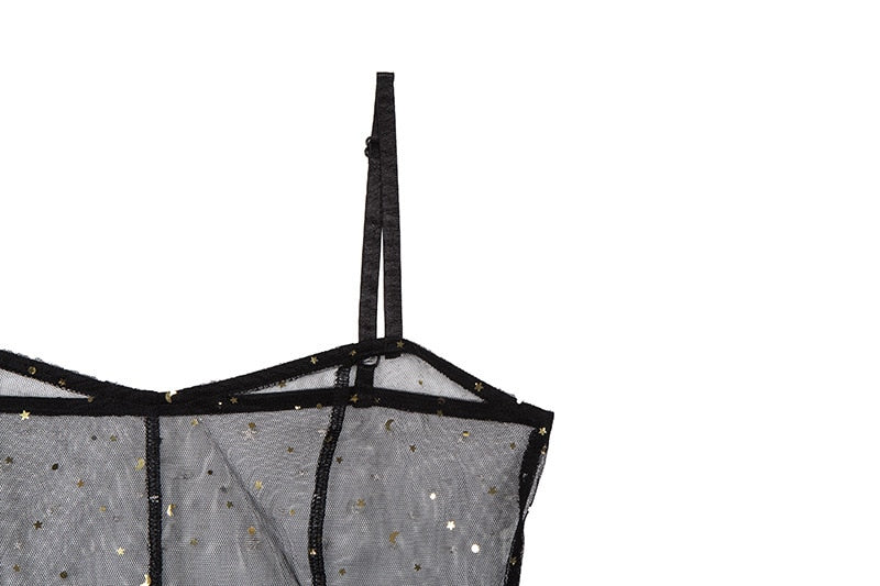 Echoarchiv | Stern Schwarz Netz Transparent Ärmelloses Maxi Kleid