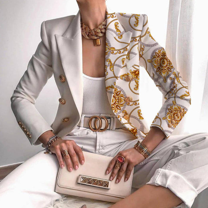 Echoarchiv | Asymmetrischer Blazer mit aufwändigem Gold- und Kettenmuster perfekt für lässige Tage