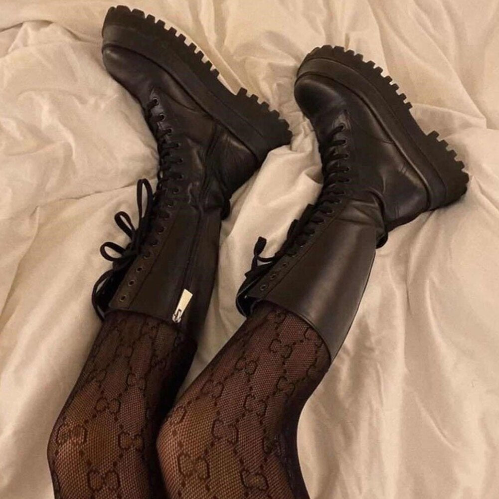 Echoarchiv | Hohe Stiefel Damen Schwarz mit Schnürung Tracksohle