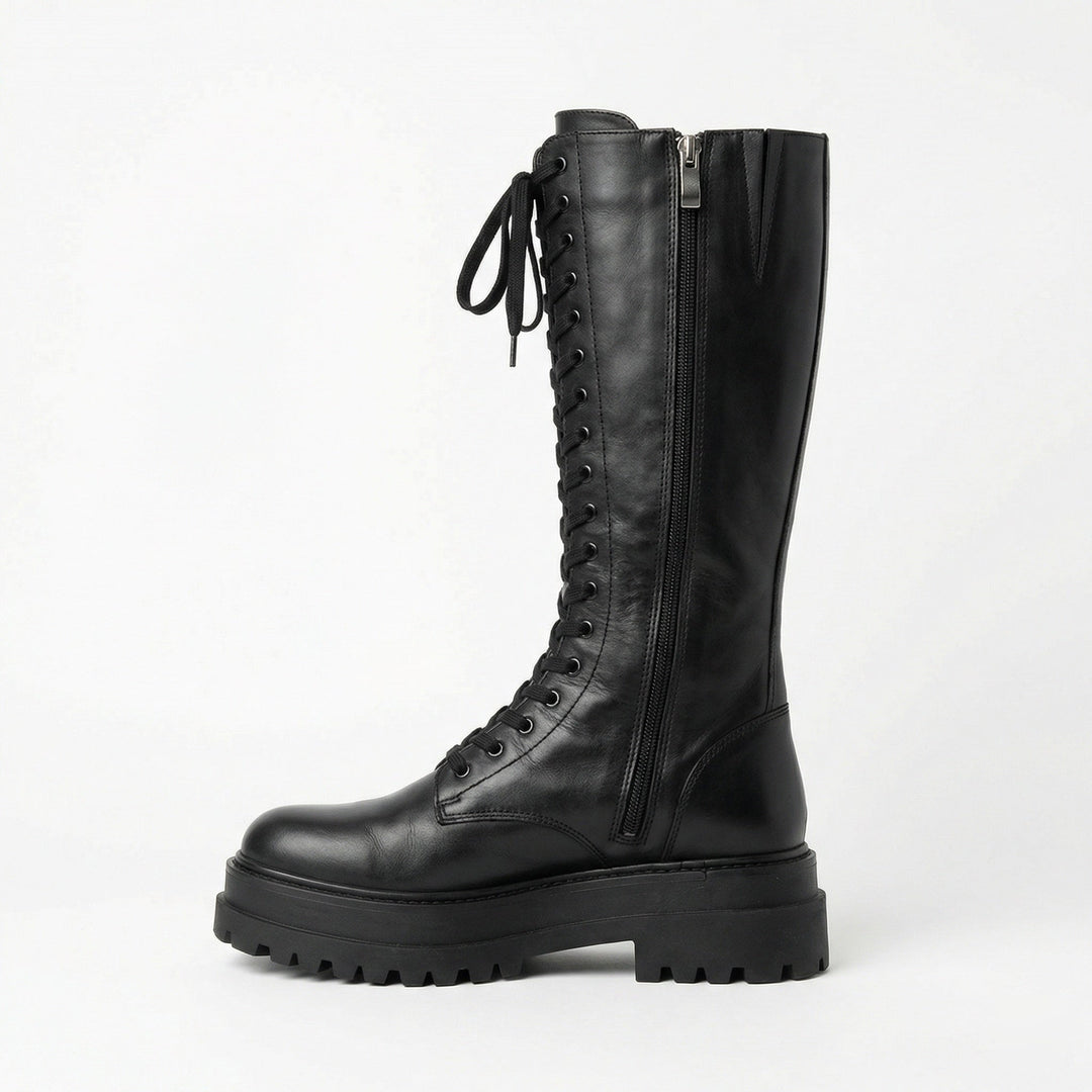Echoarchiv | Hohe Stiefel Damen Schwarz mit Schnürung Tracksohle