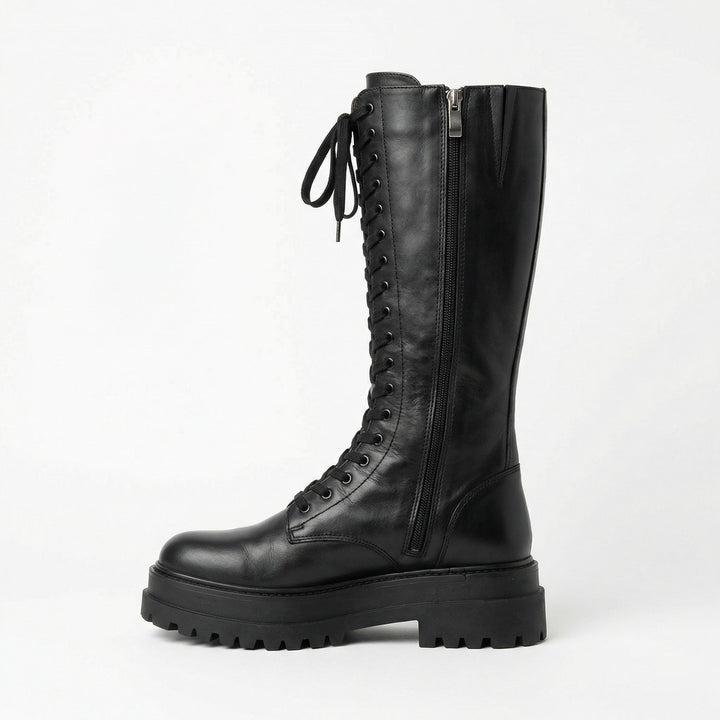 Echoarchiv | Hohe Stiefel Damen Schwarz mit Schnürung Tracksohle
