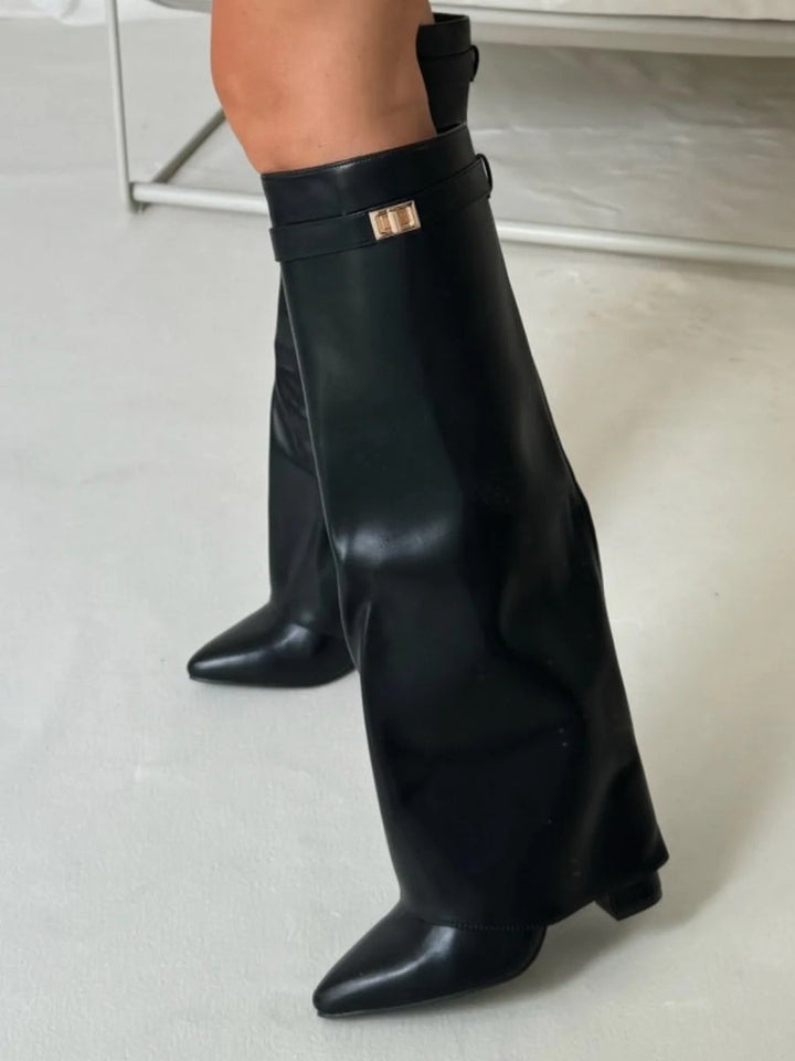 Hohe Stiefel aus PU-Leder - Spitzes Ende - Stiefel mit Absatz - Stiefel mit weitem Schaft Echoarchiv