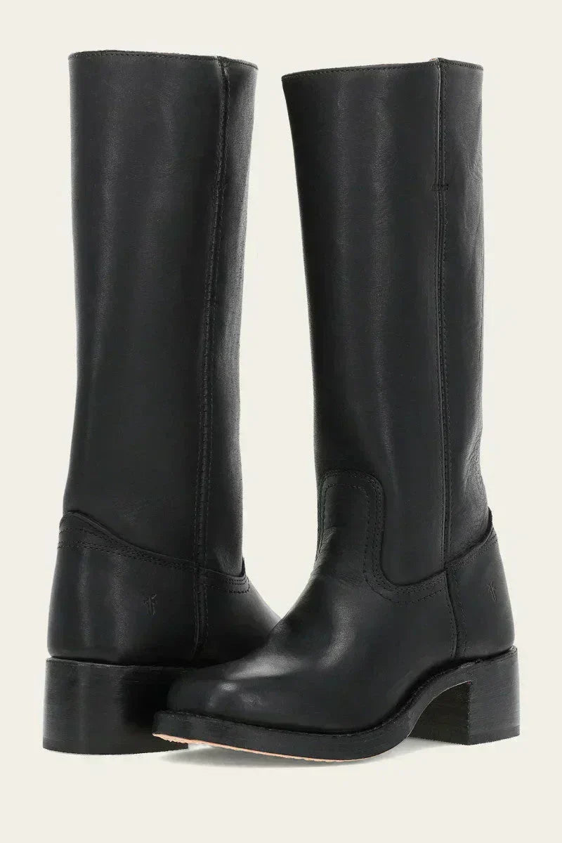 Hohe Stiefel - Damen Leder Blockabsatz Kniehohe Stiefel Echoarchiv
