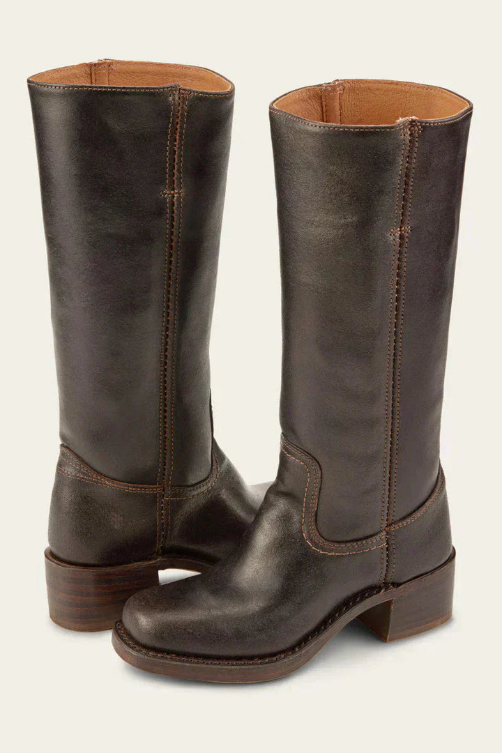 Hohe Stiefel - Damen Leder Blockabsatz Kniehohe Stiefel Echoarchiv