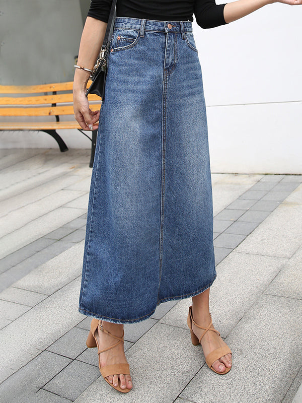 langer JEchoarchivnsrock mit Taschen, hoher Taille, Damenmode, Blau