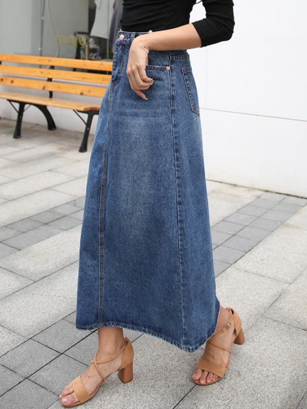 langer JEchoarchivnsrock mit Taschen, hoher Taille, Damenmode, Blau