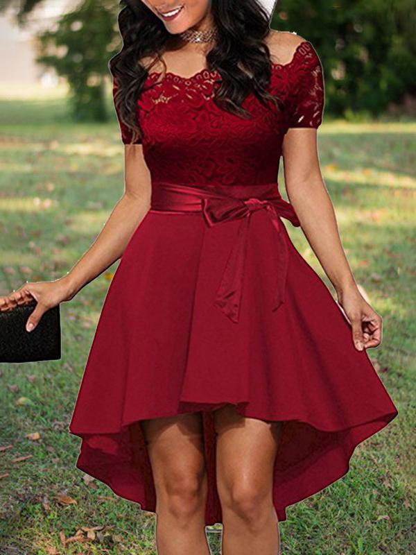 Midikleid mit Spitze, kurze Vorderseite, langer Rücken, eleganter Cocktail-Skater