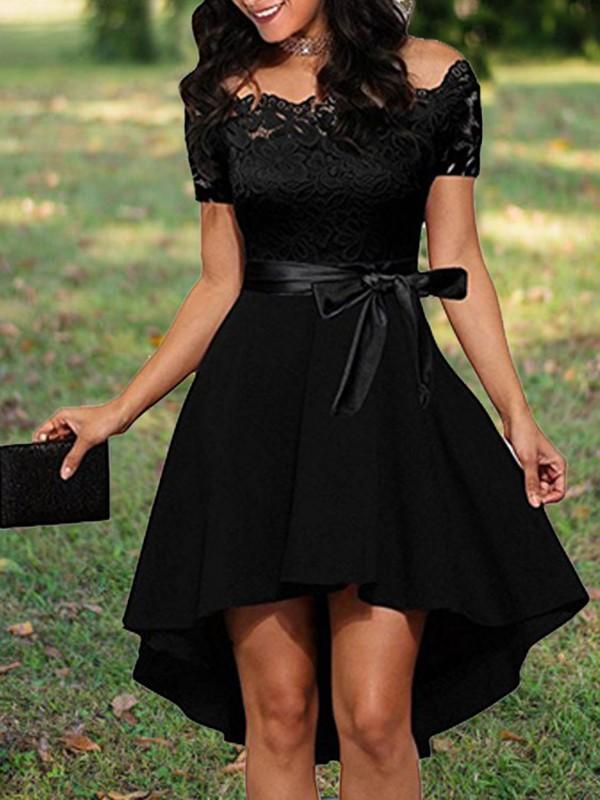 Midikleid mit Spitze, kurze Vorderseite, langer Rücken, eleganter Cocktail-Skater