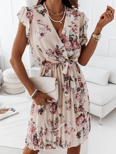 mittellanges Blumenkleid, Faltengürtel, V-Ausschnitt, schicker Boho-Strand