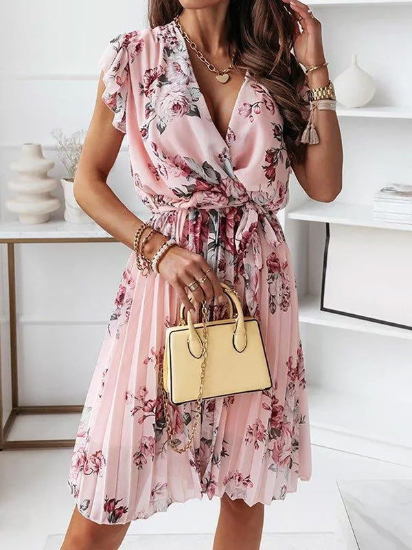 mittellanges Blumenkleid, Faltengürtel, V-Ausschnitt, schicker Boho-Strand