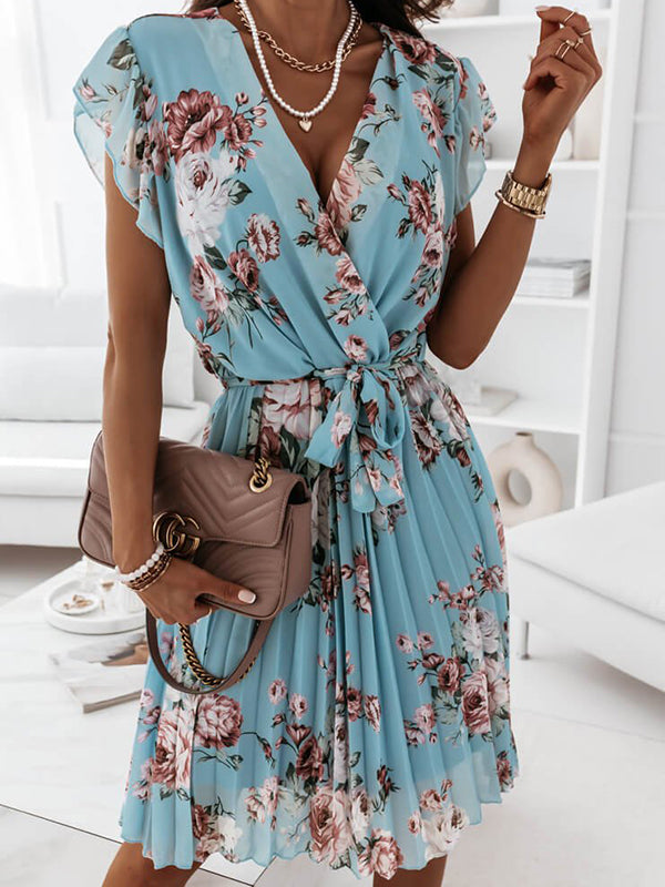 mittellanges Blumenkleid, Faltengürtel, V-Ausschnitt, schicker Boho-Strand