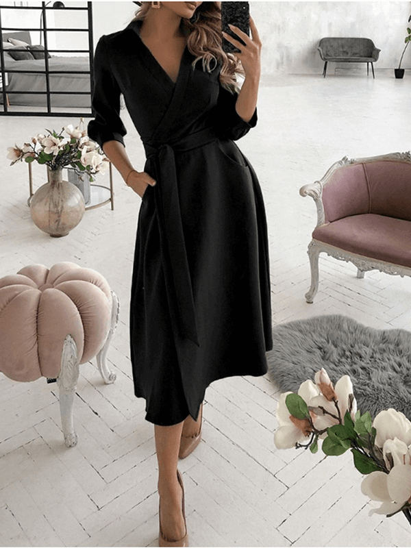 Mittellange Bluse, A-Linien-Kleid, geteilt, fließende Schleifentaschen, V-Ausschnitt, Reverskragen, lange Ärmel, elegante Echoarchiv, Party