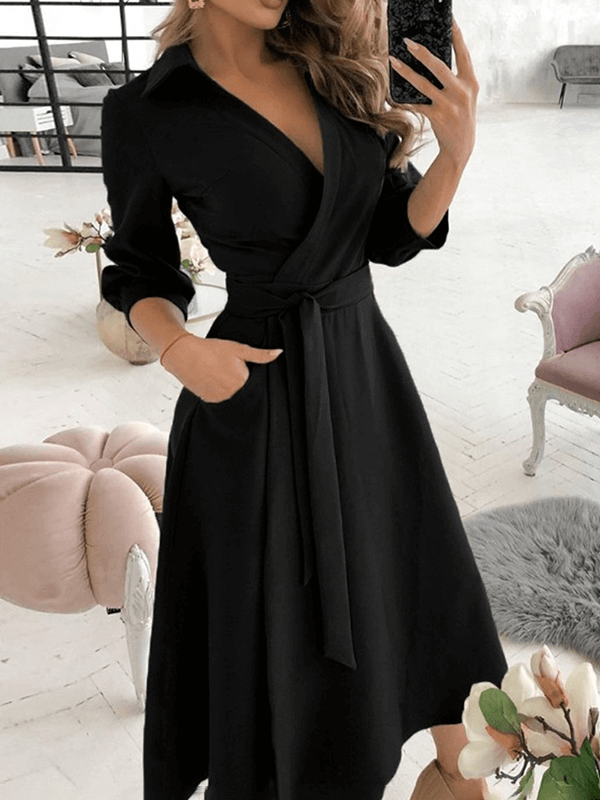 Mittellange Bluse, A-Linien-Kleid, geteilt, fließende Schleifentaschen, V-Ausschnitt, Reverskragen, lange Ärmel, elegante Echoarchiv, Party