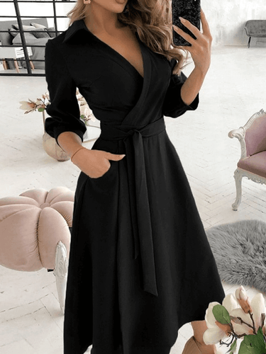 Mittellange Bluse, A-Linien-Kleid, geteilt, fließende Schleifentaschen, V-Ausschnitt, Reverskragen, lange Ärmel, elegante Echoarchiv, Party
