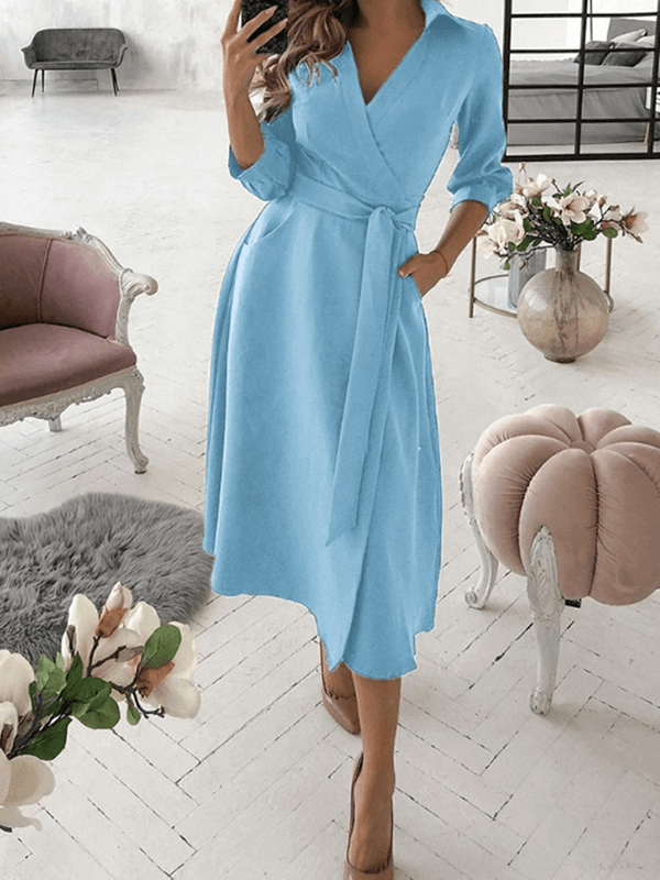 Mittellange Bluse, A-Linien-Kleid, geteilt, fließende Schleifentaschen, V-Ausschnitt, Reverskragen, lange Ärmel, elegante Echoarchiv, Party