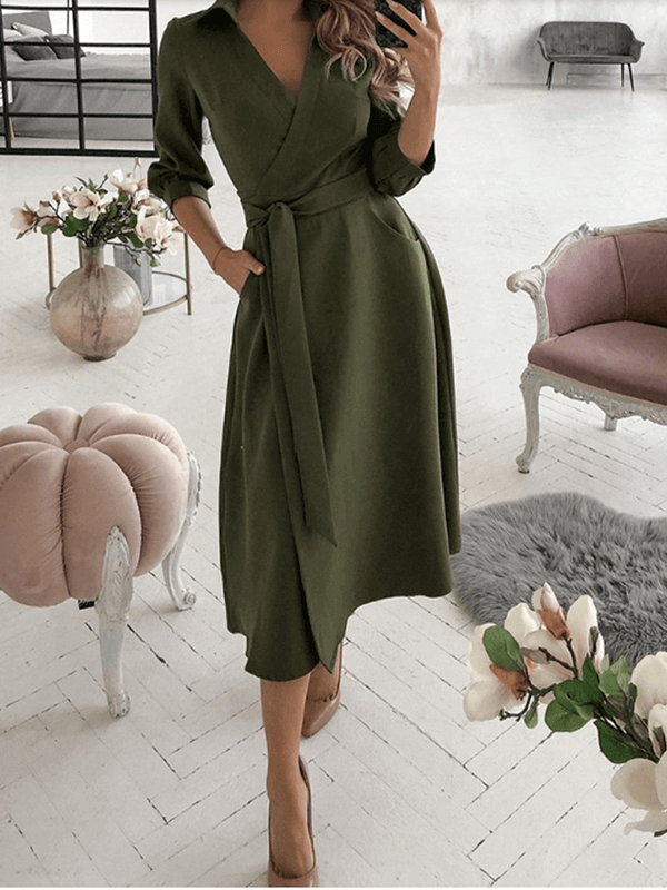 Mittellange Bluse, A-Linien-Kleid, geteilt, fließende Schleifentaschen, V-Ausschnitt, Reverskragen, lange Ärmel, elegante Echoarchiv, Party