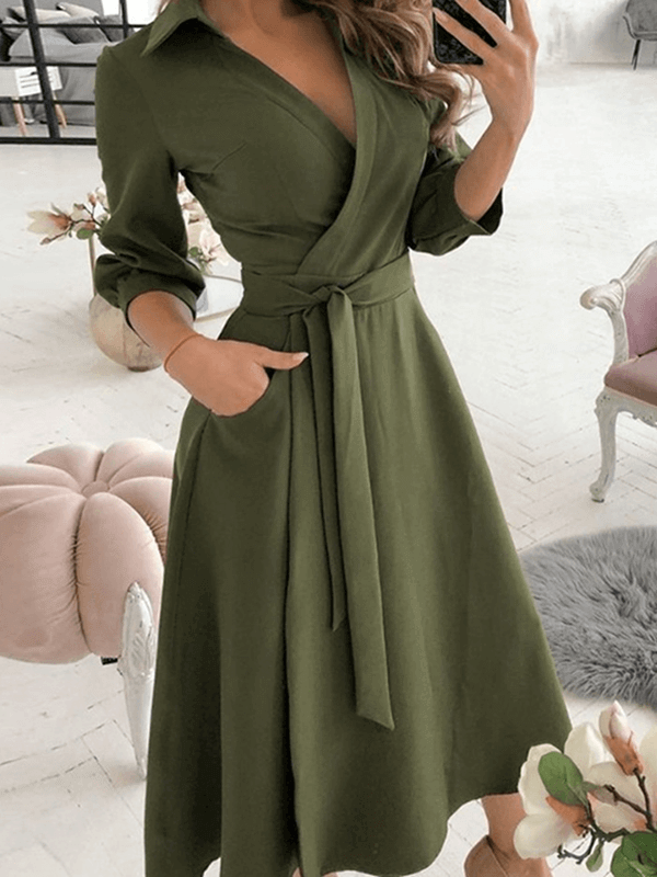 Mittellange Bluse, A-Linien-Kleid, geteilt, fließende Schleifentaschen, V-Ausschnitt, Reverskragen, lange Ärmel, elegante Echoarchiv, Party