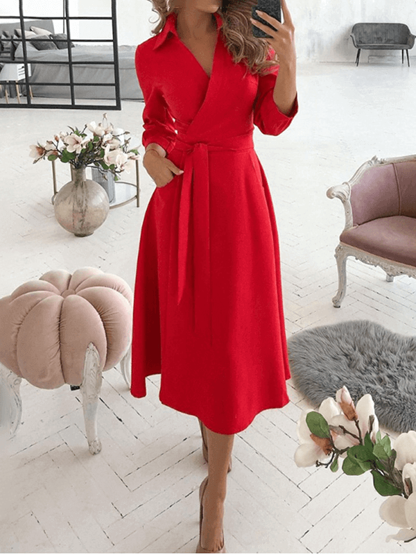 Mittellange Bluse, A-Linien-Kleid, geteilt, fließende Schleifentaschen, V-Ausschnitt, Reverskragen, lange Ärmel, elegante Echoarchiv, Party