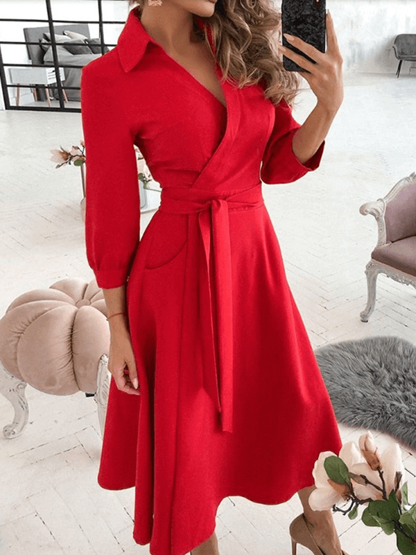 Mittellange Bluse, A-Linien-Kleid, geteilt, fließende Schleifentaschen, V-Ausschnitt, Reverskragen, lange Ärmel, elegante Echoarchiv, Party