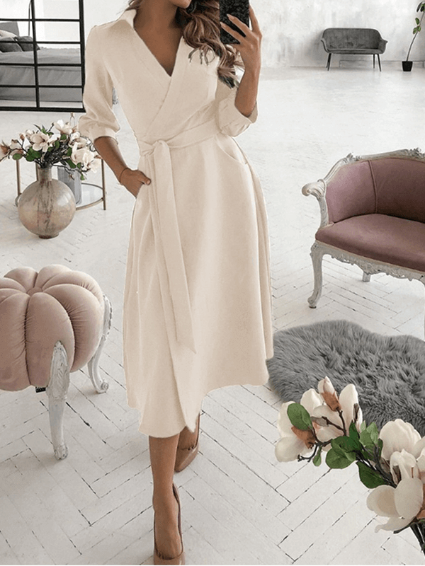 Mittellange Bluse, A-Linien-Kleid, geteilt, fließende Schleifentaschen, V-Ausschnitt, Reverskragen, lange Ärmel, elegante Echoarchiv, Party