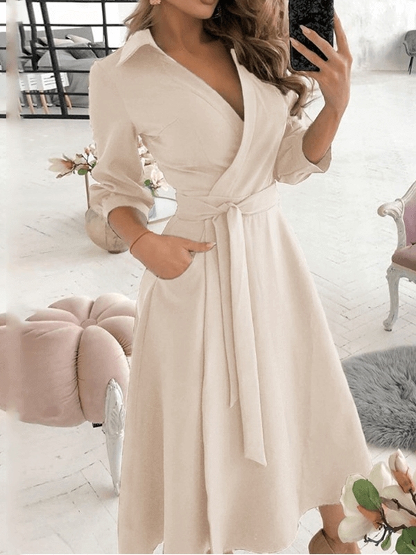 Mittellange Bluse, A-Linien-Kleid, geteilt, fließende Schleifentaschen, V-Ausschnitt, Reverskragen, lange Ärmel, elegante Echoarchiv, Party