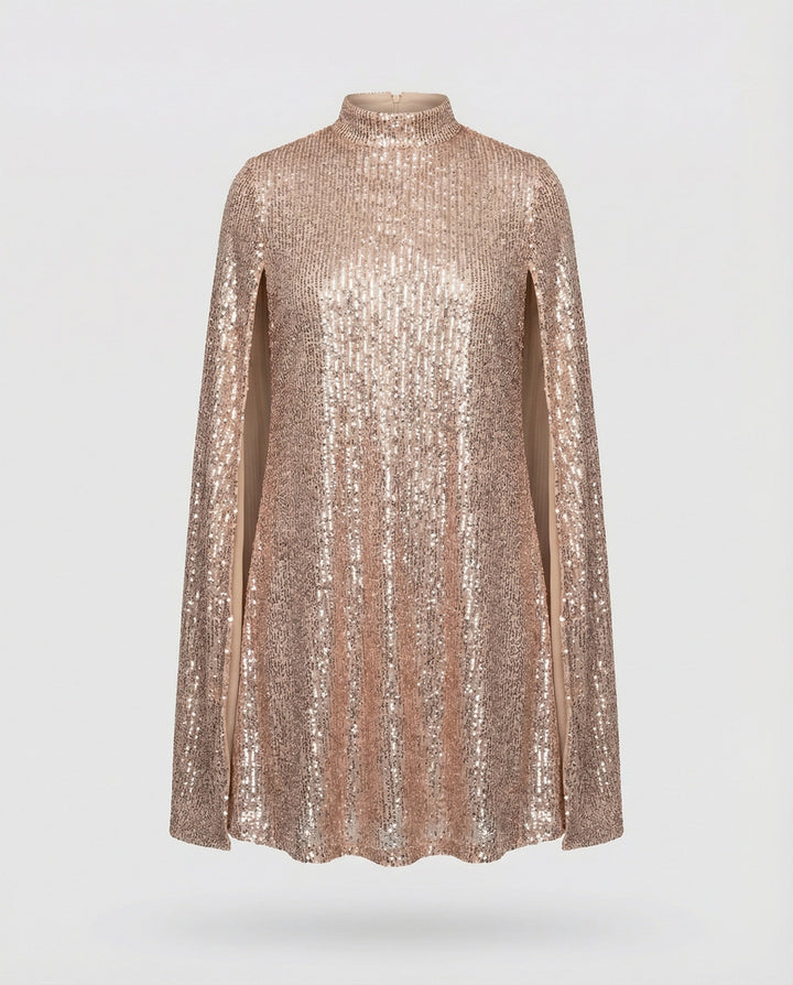 mittellanges Cape-Kleid mit glänzenden Pailletten und geteilten Ärmeln, eleganter Mode-Cocktail