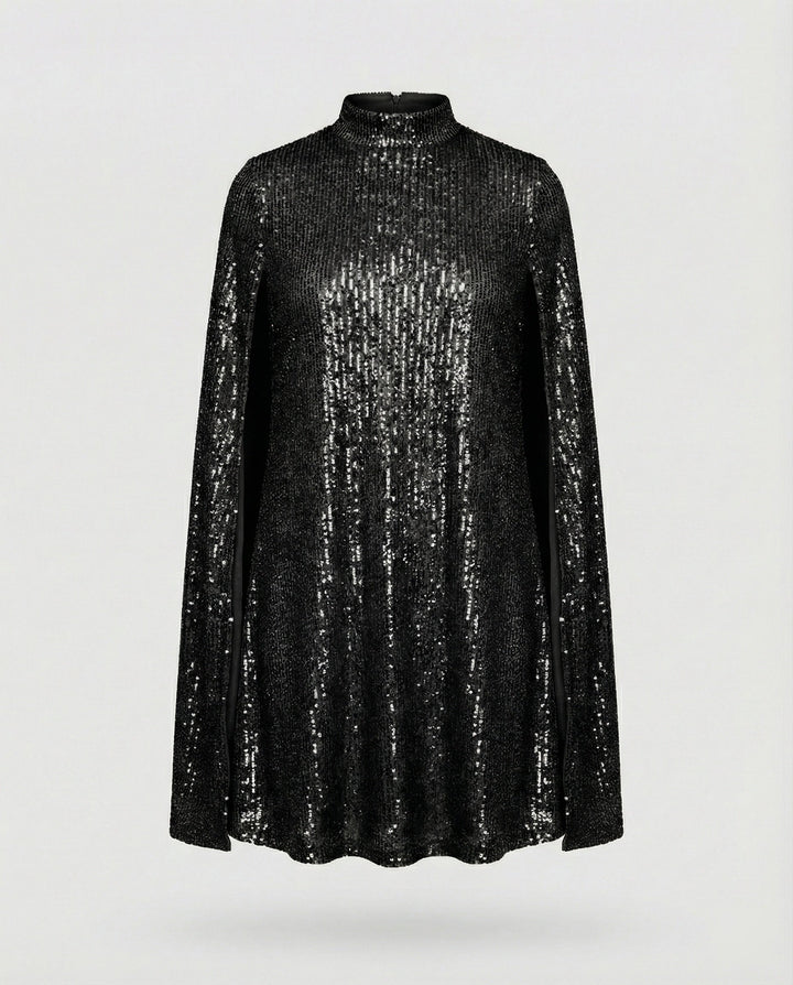 mittellanges Cape-Kleid mit glänzenden Pailletten und geteilten Ärmeln, eleganter Mode-Cocktail