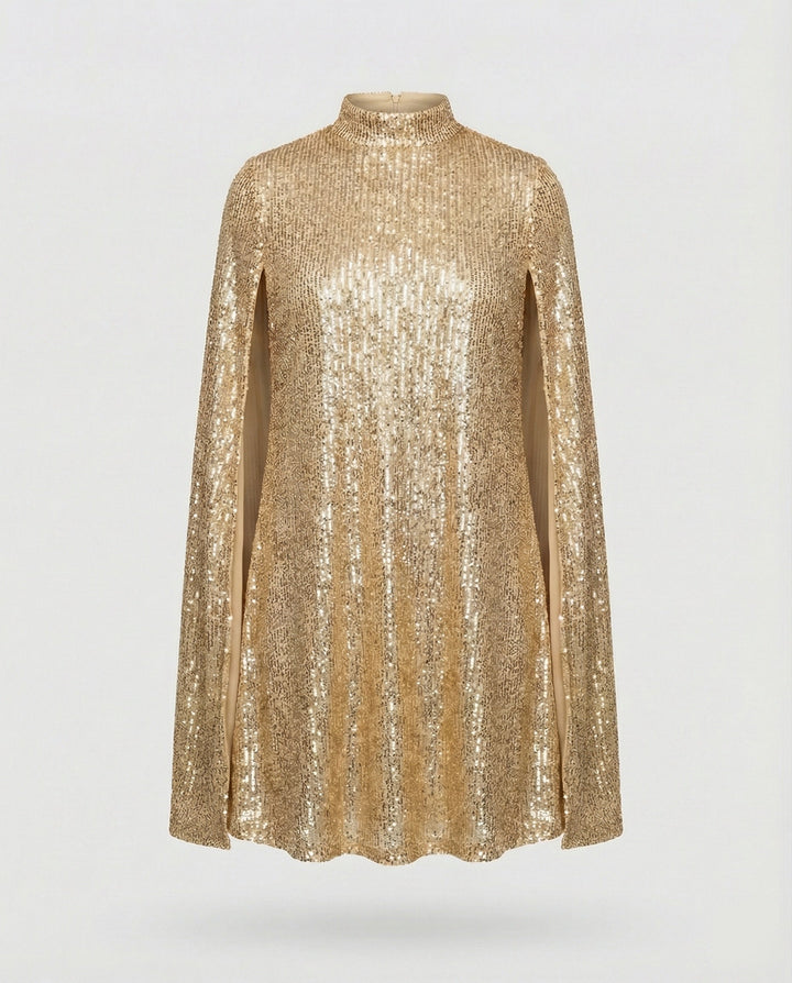 mittellanges Cape-Kleid mit glänzenden Pailletten und geteilten Ärmeln, eleganter Mode-Cocktail
