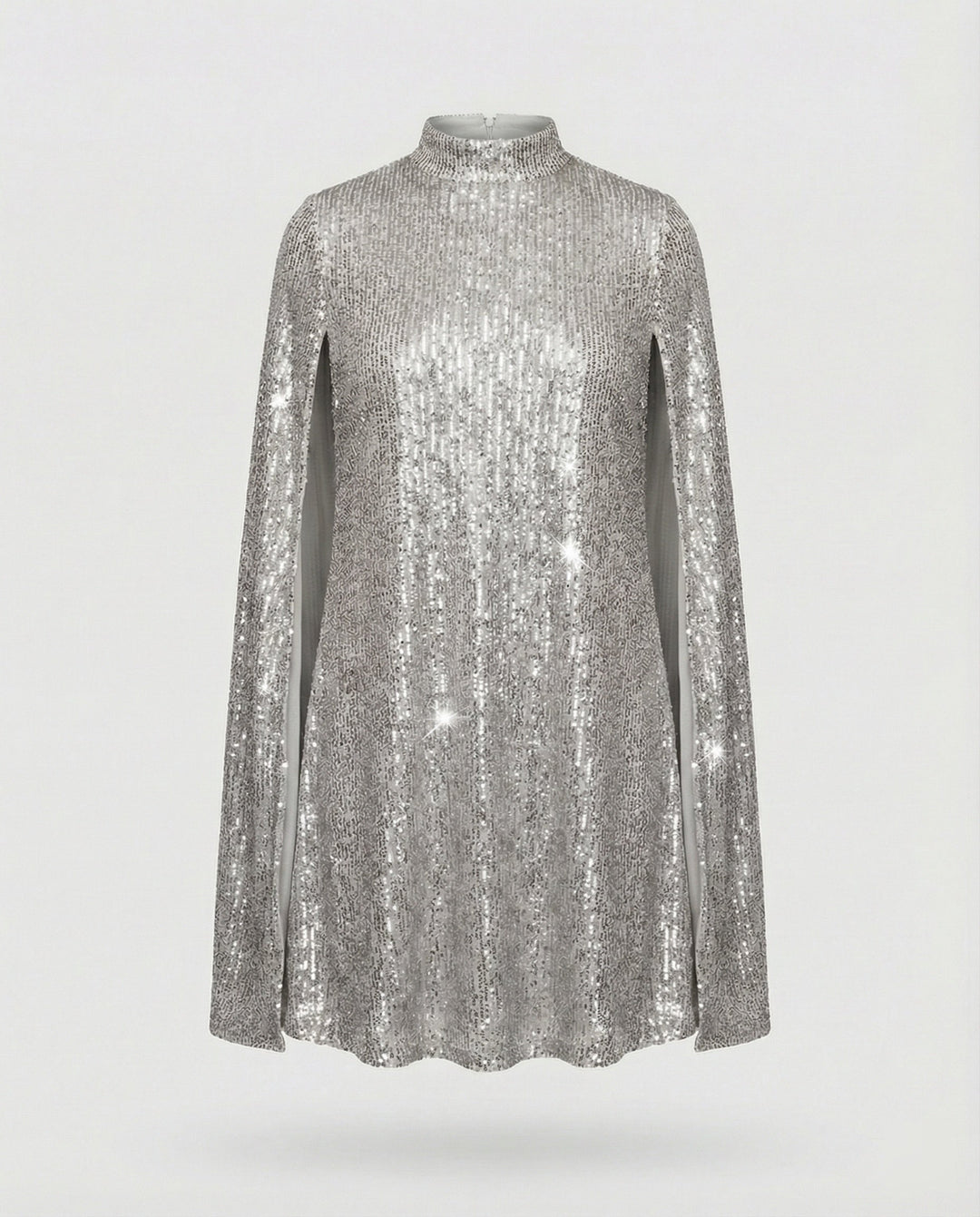 mittellanges Cape-Kleid mit glänzenden Pailletten und geteilten Ärmeln, eleganter Mode-Cocktail