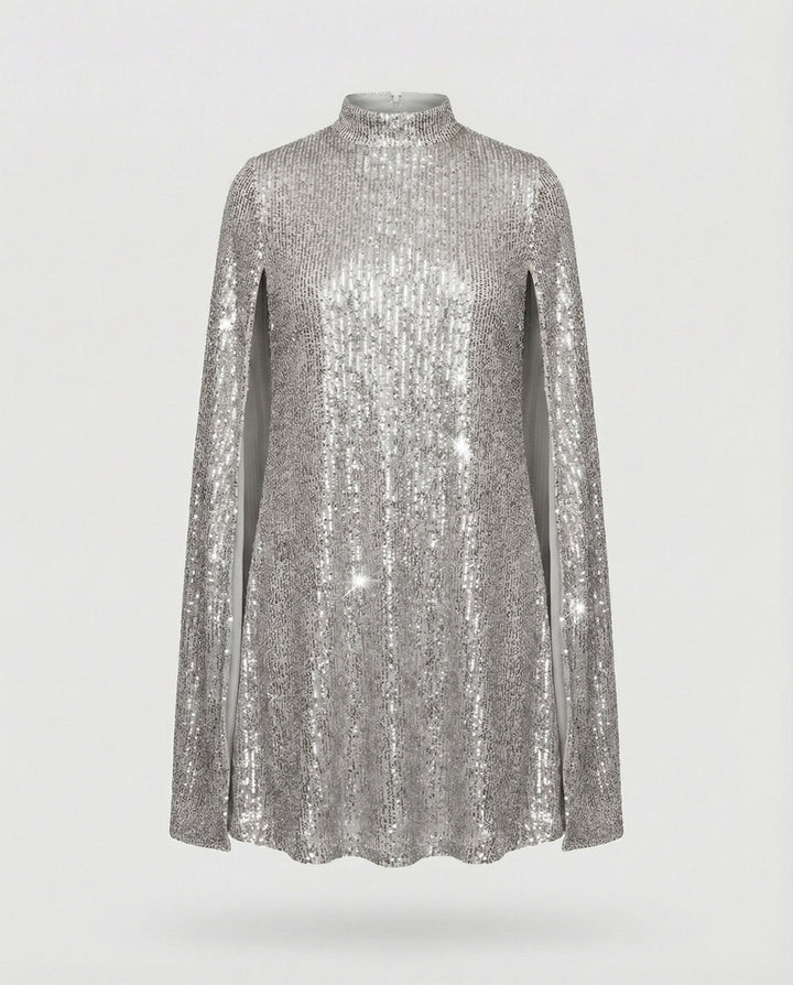 mittellanges Cape-Kleid mit glänzenden Pailletten und geteilten Ärmeln, eleganter Mode-Cocktail