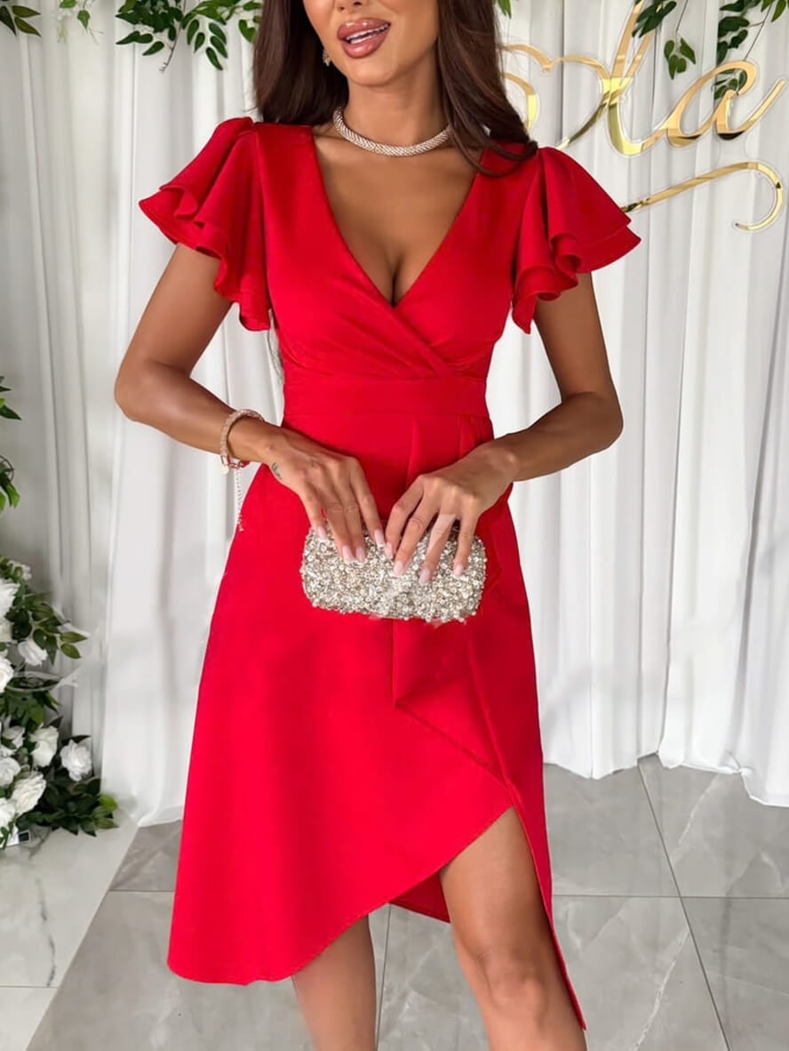 Kleid mit V-Ausschnitt, unregelmäßigen kurzen Ärmeln, mehrlagigen Rüschen, für Damen, elegante Echoarchiv, für Hochzeitsgäste