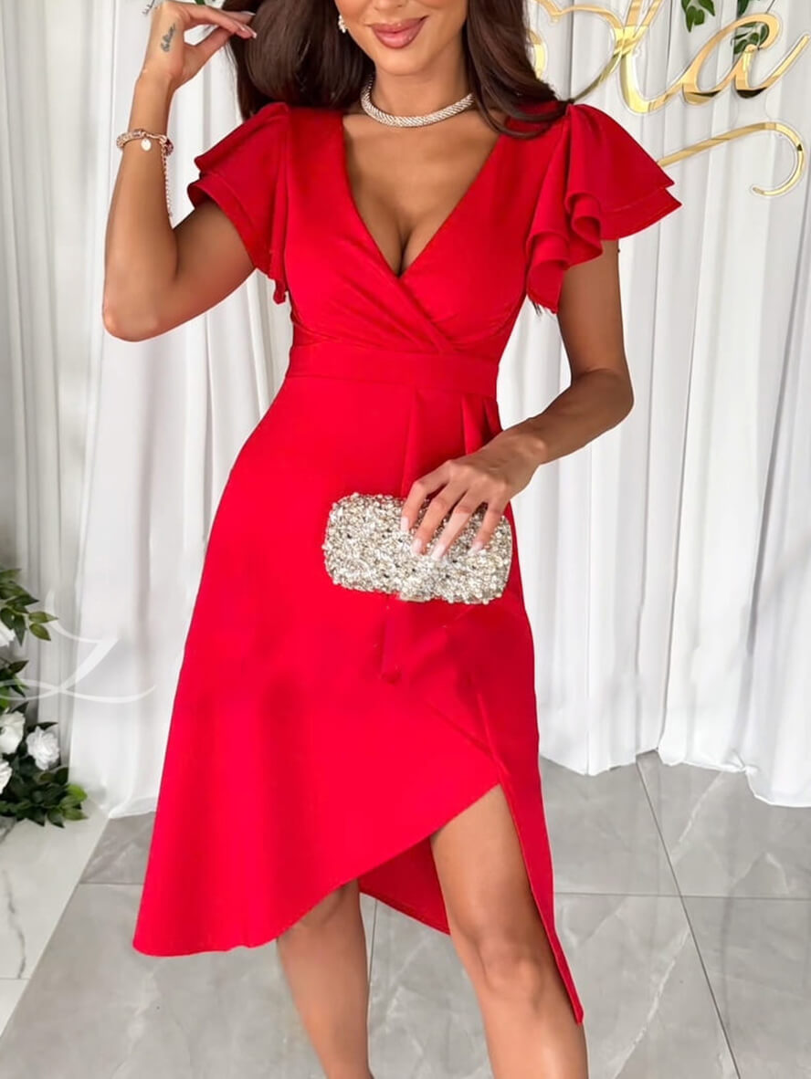 Kleid mit V-Ausschnitt, unregelmäßigen kurzen Ärmeln, mehrlagigen Rüschen, für Damen, elegante Echoarchiv, für Hochzeitsgäste