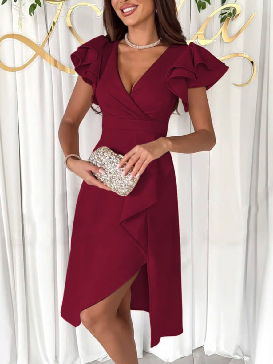 Kleid mit V-Ausschnitt, unregelmäßigen kurzen Ärmeln, mehrlagigen Rüschen, für Damen, elegante Echoarchiv, für Hochzeitsgäste