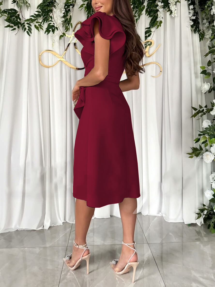 Kleid mit V-Ausschnitt, unregelmäßigen kurzen Ärmeln, mehrlagigen Rüschen, für Damen, elegante Echoarchiv, für Hochzeitsgäste