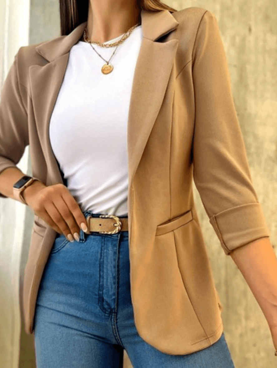Einfarbiger Büro-Blazer, Taschen, Reverskragen, lange Ärmel, Damenanzug-Stil, elegante Echoarchivjacke