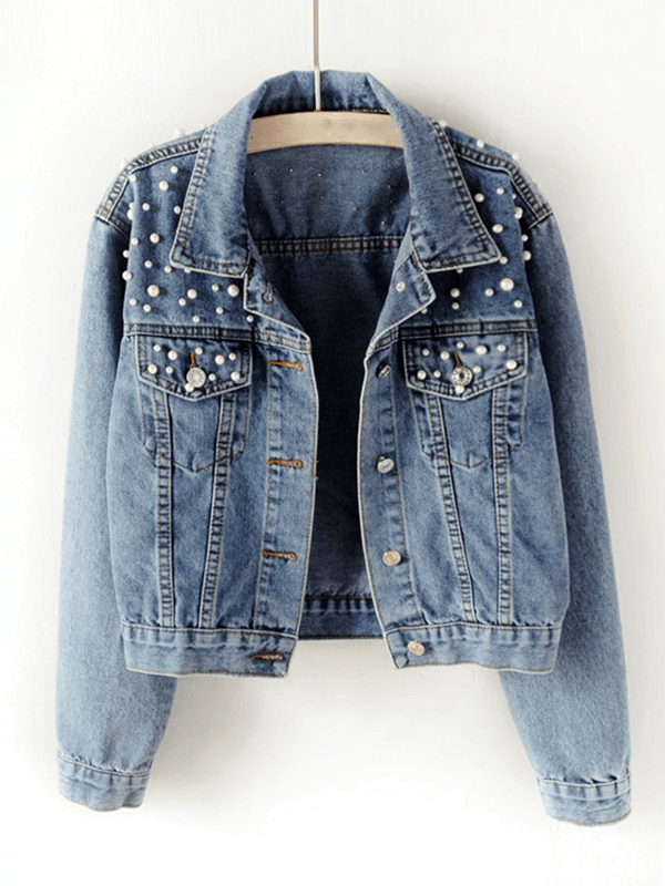 JEchoarchivnsjacke, geknöpfte Taschen, Strass-Perlenbesatz, Reverskragen, lange Ärmel, Damenmode, lässig, übergroß, lässig