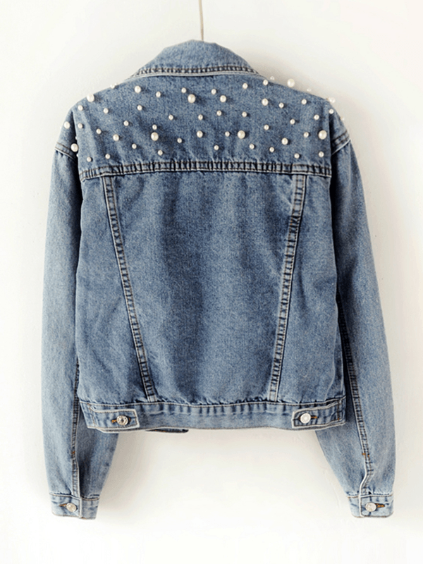 JEchoarchivnsjacke, geknöpfte Taschen, Strass-Perlenbesatz, Reverskragen, lange Ärmel, Damenmode, lässig, übergroß, lässig