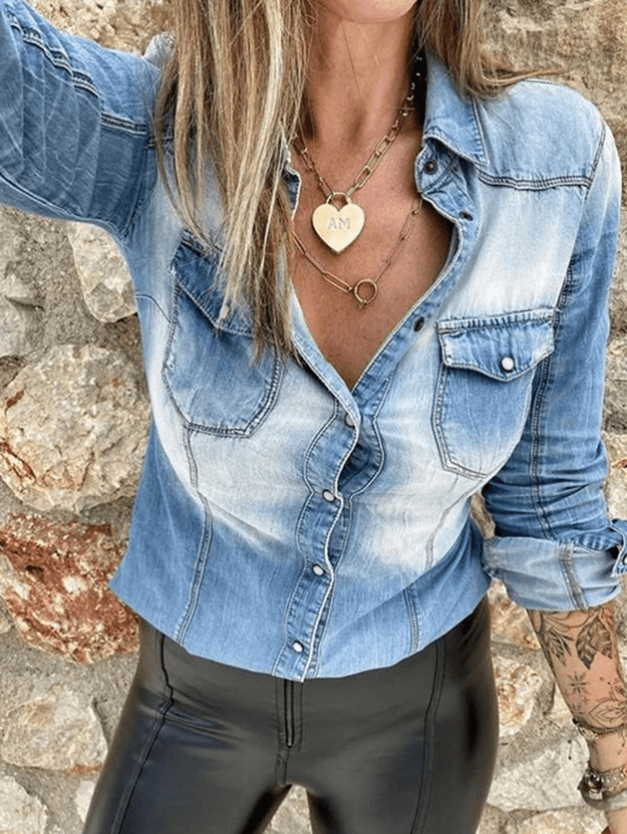 JEchoarchivnsbluse, geknöpfte Taschen, Kragen, Langarmshirt, DamenEchoarchiv, Vintage, Freizeitjacke