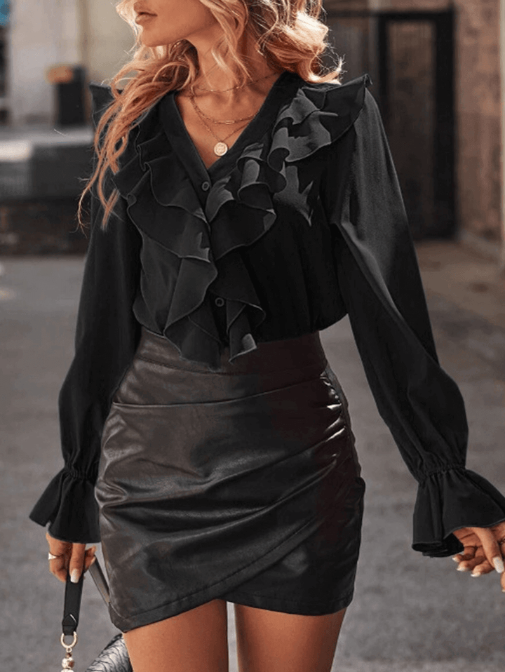Rüschen-Button-Down-Hemd, V-Ausschnitt, Jabot-Kragen, ausgestellte Ärmel, lange Ärmel, Damen, süße, elegante ModEchoarchivluse