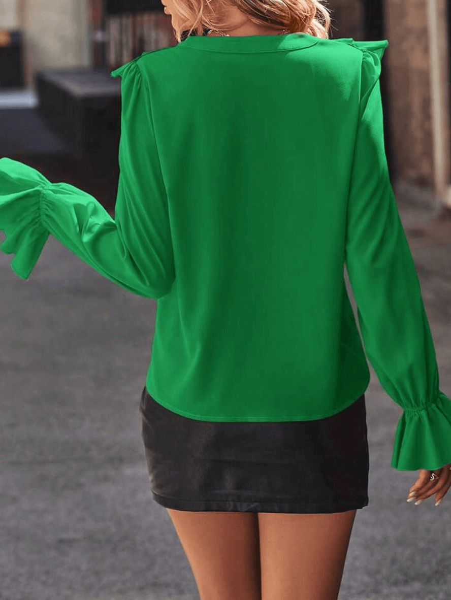 Rüschen-Button-Down-Hemd, V-Ausschnitt, Jabot-Kragen, ausgestellte Ärmel, lange Ärmel, Damen, süße, elegante ModEchoarchivluse