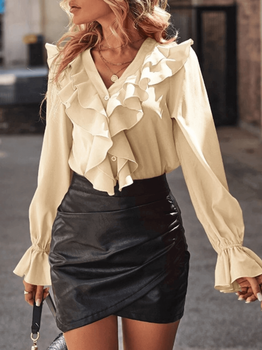 Rüschen-Button-Down-Hemd, V-Ausschnitt, Jabot-Kragen, ausgestellte Ärmel, lange Ärmel, Damen, süße, elegante ModEchoarchivluse