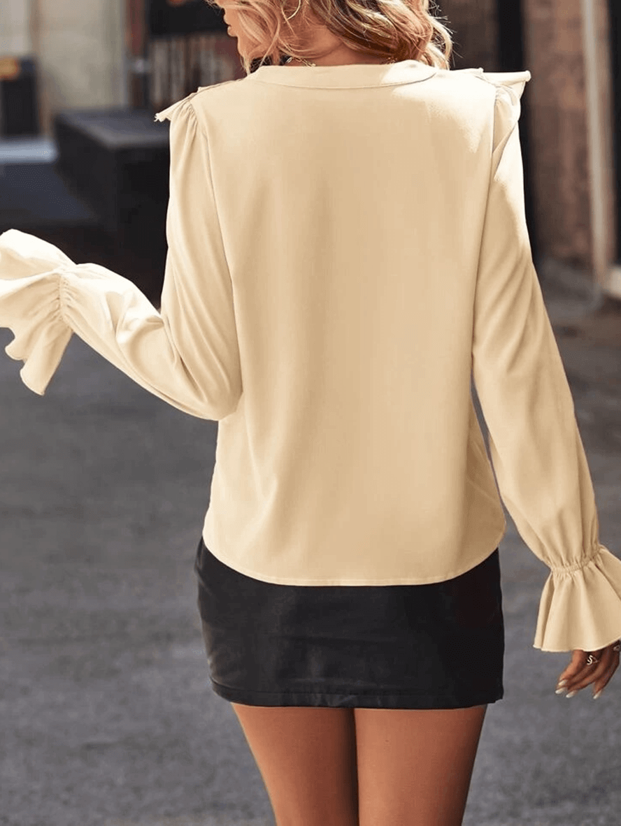 Rüschen-Button-Down-Hemd, V-Ausschnitt, Jabot-Kragen, ausgestellte Ärmel, lange Ärmel, Damen, süße, elegante ModEchoarchivluse