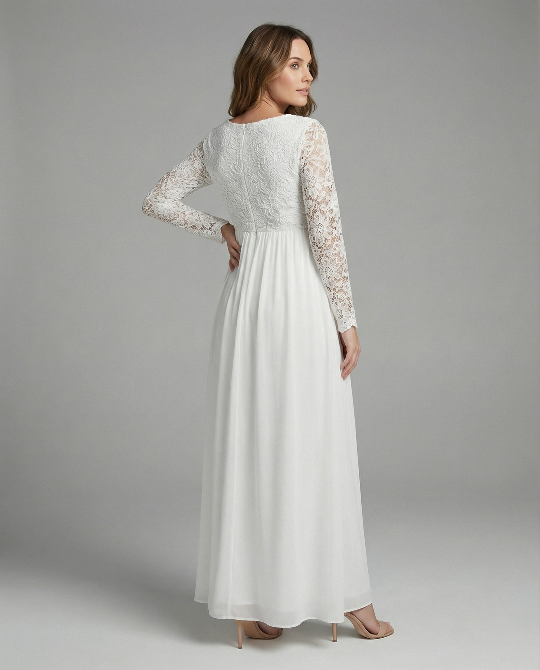 Umstandskleid, Ausschnitte, Spitze, Chiffon, Rundhalsausschnitt, lange Ärmel, für Damen, elegant, für den Abend, den Abschlussball, schwanger