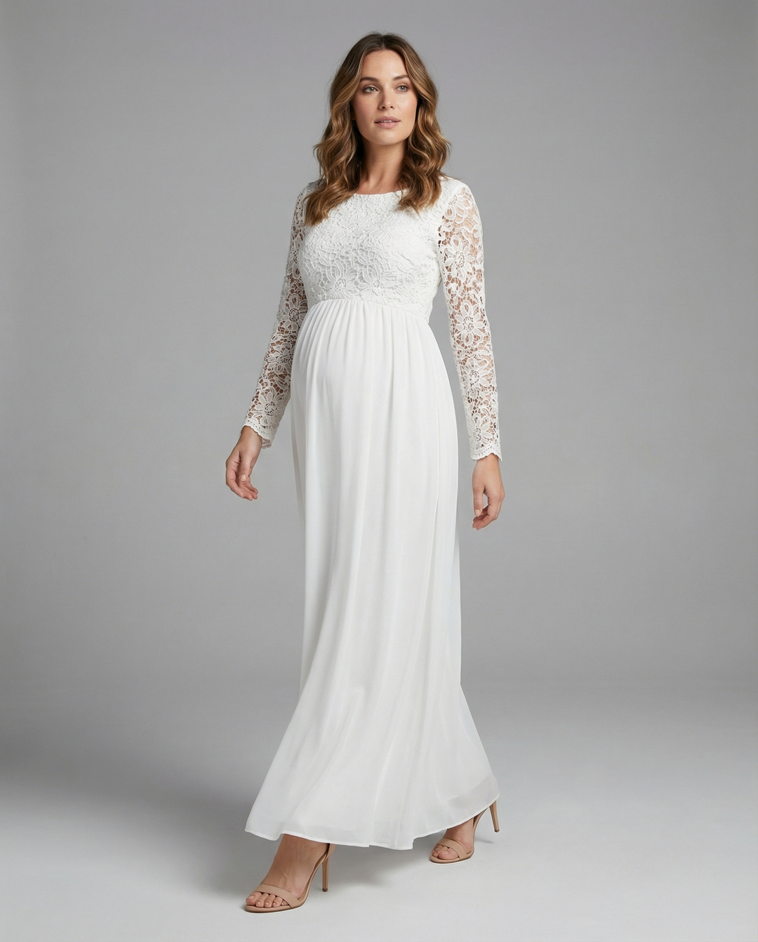 Umstandskleid, Ausschnitte, Spitze, Chiffon, Rundhalsausschnitt, lange Ärmel, für Damen, elegant, für den Abend, den Abschlussball, schwanger