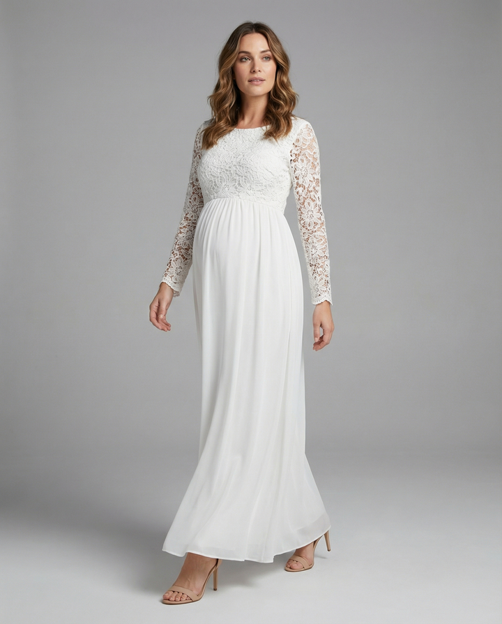 Umstandskleid, Ausschnitte, Spitze, Chiffon, Rundhalsausschnitt, lange Ärmel, für Damen, elegant, für den Abend, den Abschlussball, schwanger
