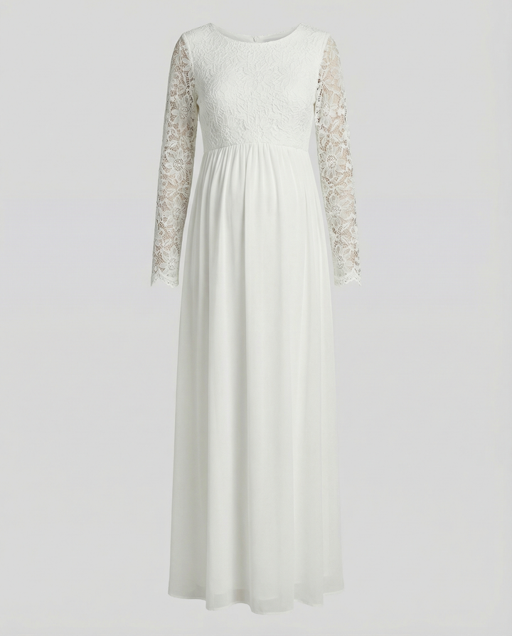 Umstandskleid, Ausschnitte, Spitze, Chiffon, Rundhalsausschnitt, lange Ärmel, für Damen, elegant, für den Abend, den Abschlussball, schwanger