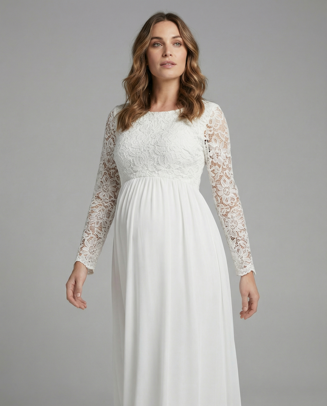 Umstandskleid, Ausschnitte, Spitze, Chiffon, Rundhalsausschnitt, lange Ärmel, für Damen, elegant, für den Abend, den Abschlussball, schwanger