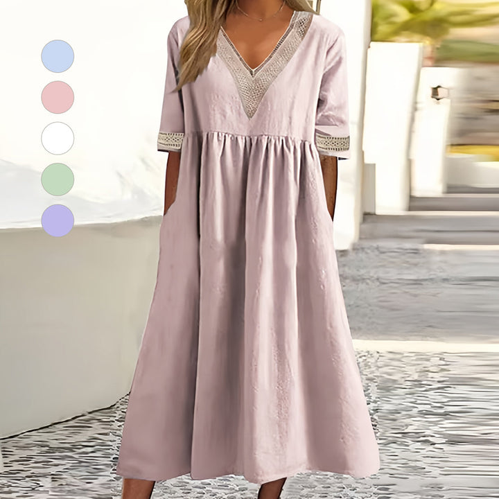 Echoarchiv | A-Linien-Midi-Sommerkleid mit V-Ausschnitt und Kurzen Ärmeln für Damen