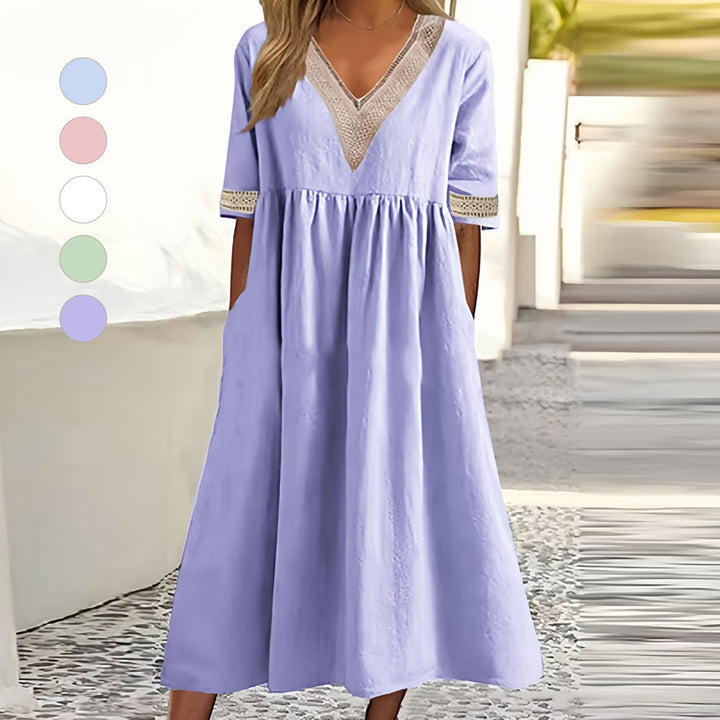 Echoarchiv | A-Linien-Midi-Sommerkleid mit V-Ausschnitt und Kurzen Ärmeln für Damen