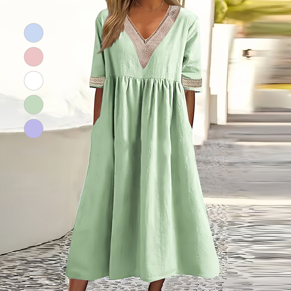 Echoarchiv | A-Linien-Midi-Sommerkleid mit V-Ausschnitt und Kurzen Ärmeln für Damen